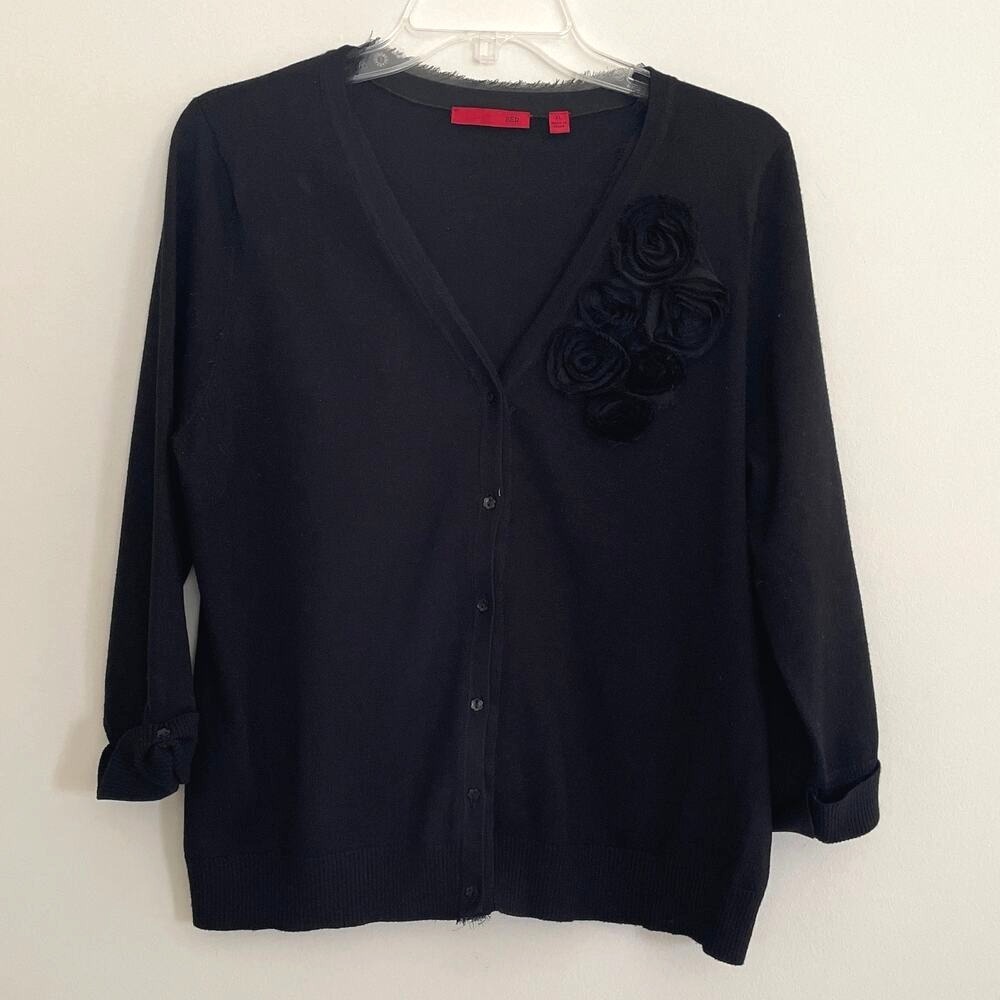 RED Black V Neck Cardigan Sweater with Floral Applique 3/4 Button Sleeve Size XL